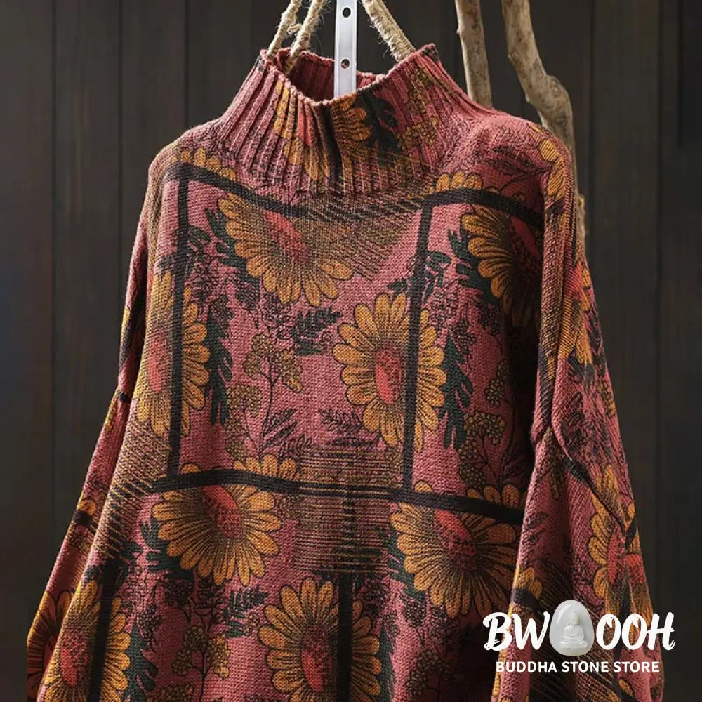 Buddha Stones Sunflower Pattern Mock Neck Long Sleeve Women’s Cotton Sweater - Women’s Sweater