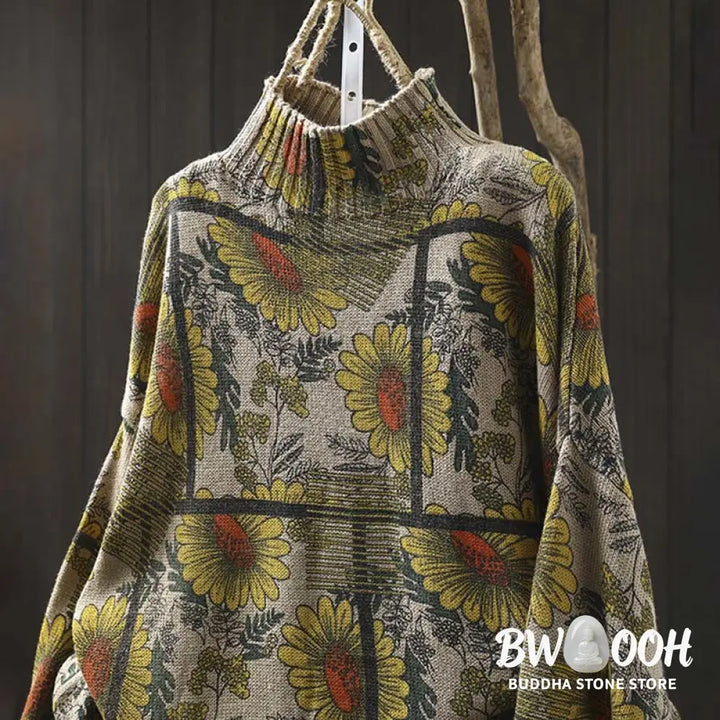 Buddha Stones Sunflower Pattern Mock Neck Long Sleeve Women’s Cotton Sweater - Women’s Sweater