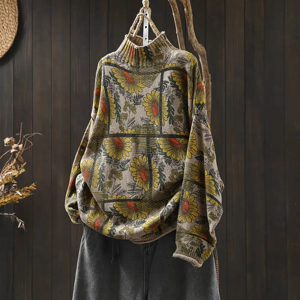 BWOOOH Sunflower Pattern Mock Neck Long Sleeve Women&