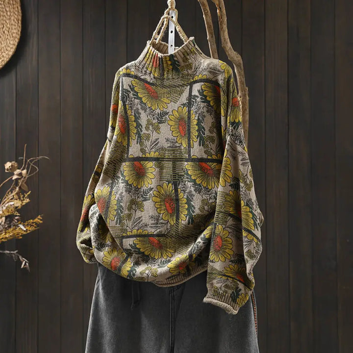 BWOOOH Sunflower Pattern Mock Neck Long Sleeve Women&