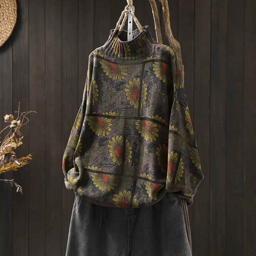 Buddha Stones Sunflower Pattern Mock Neck Long Sleeve Women’s Cotton Sweater - Maroon