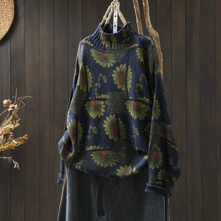 Buddha Stones Sunflower Pattern Mock Neck Long Sleeve Women’s Cotton Sweater - MidnightBlue