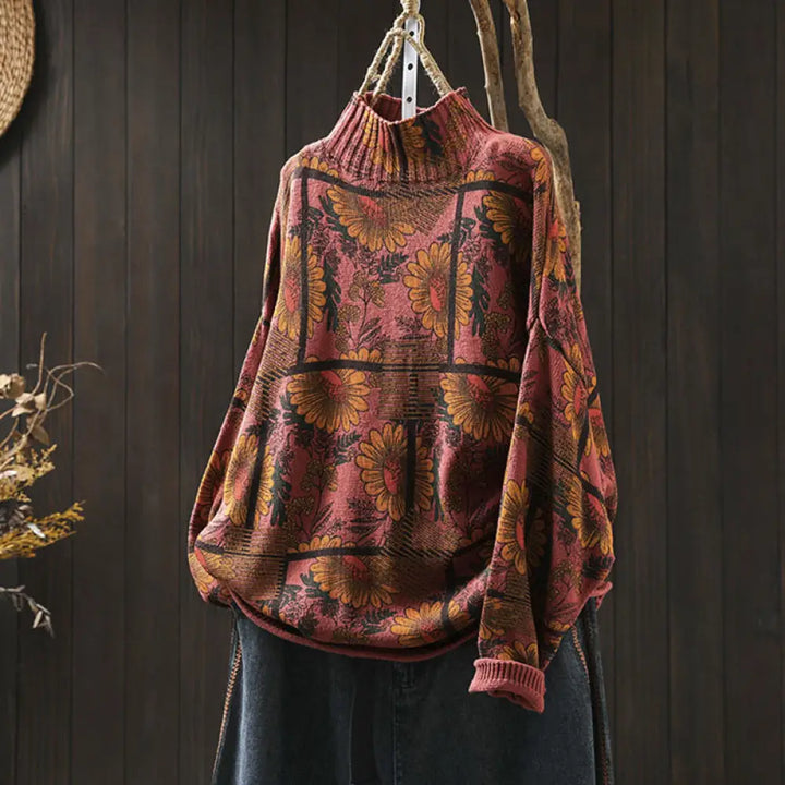 Buddha Stones Sunflower Pattern Mock Neck Long Sleeve Women’s Cotton Sweater - OrangeRed