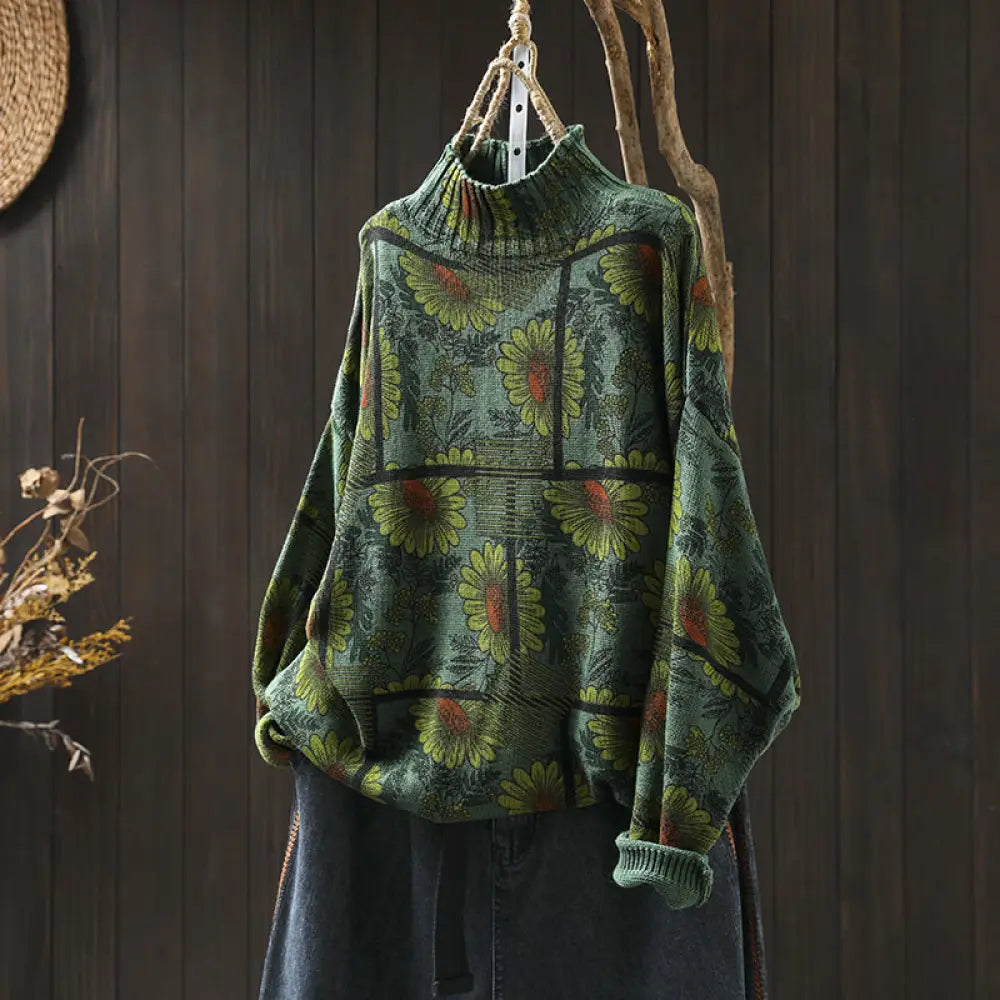 Buddha Stones Sunflower Pattern Mock Neck Long Sleeve Women’s Cotton Sweater - SeaGreen