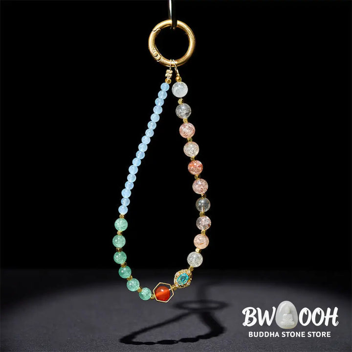 Buddha Stones Super Seven Crystal Blue Chalcedony Beaded Healing Key Chain Phone Hanging Decoration - Super Seven