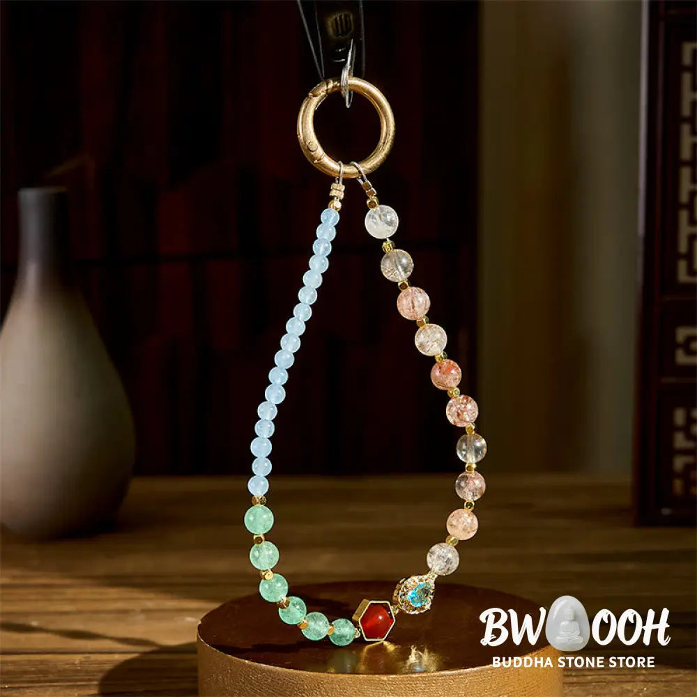 Buddha Stones Super Seven Crystal Blue Chalcedony Beaded Healing Key Chain Phone Hanging Decoration - Super Seven