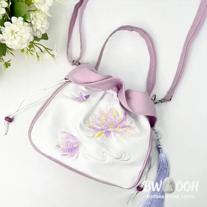 Buddha Stones Suzhou Embroidery Camellia Magnolia Peony Lotus Silk Tote Crossbody Bag Shoulder Bag Handbag - Crossbody