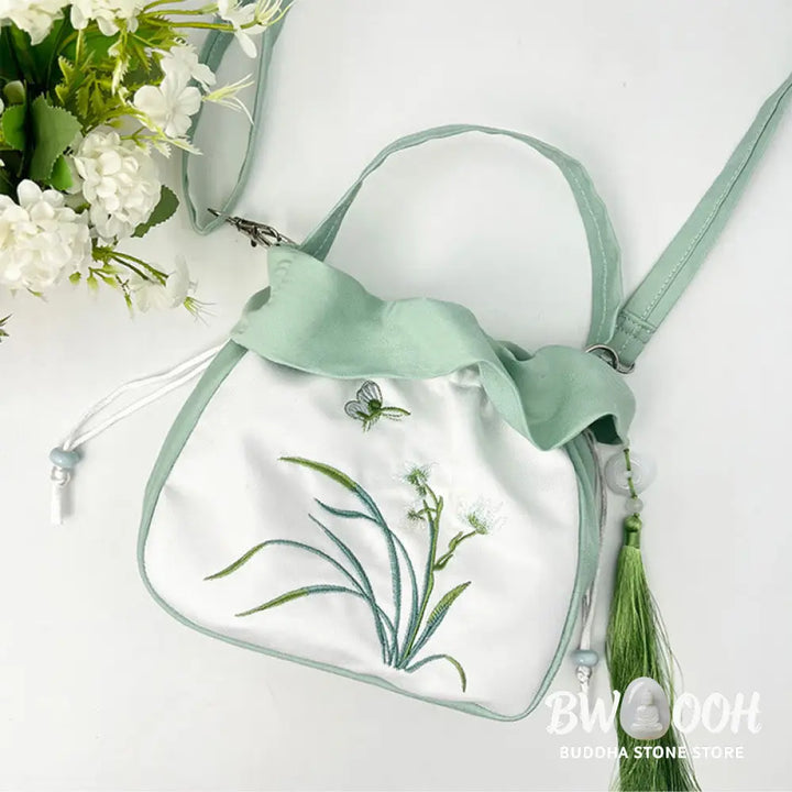 Buddha Stones Suzhou Embroidery Camellia Magnolia Peony Lotus Silk Tote Crossbody Bag Shoulder Bag Handbag - Crossbody