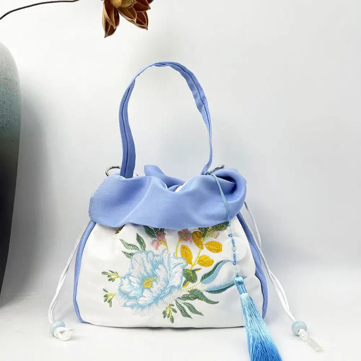 Buddha Stones Suzhou Embroidery Camellia Magnolia Peony Lotus Silk Tote Crossbody Bag Shoulder Bag Handbag - Light Blue
