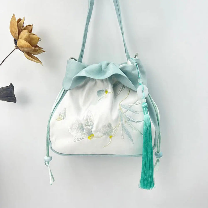 Buddha Stones Suzhou Embroidery Camellia Magnolia Peony Lotus Silk Tote Crossbody Bag Shoulder Bag Handbag - Light Blue