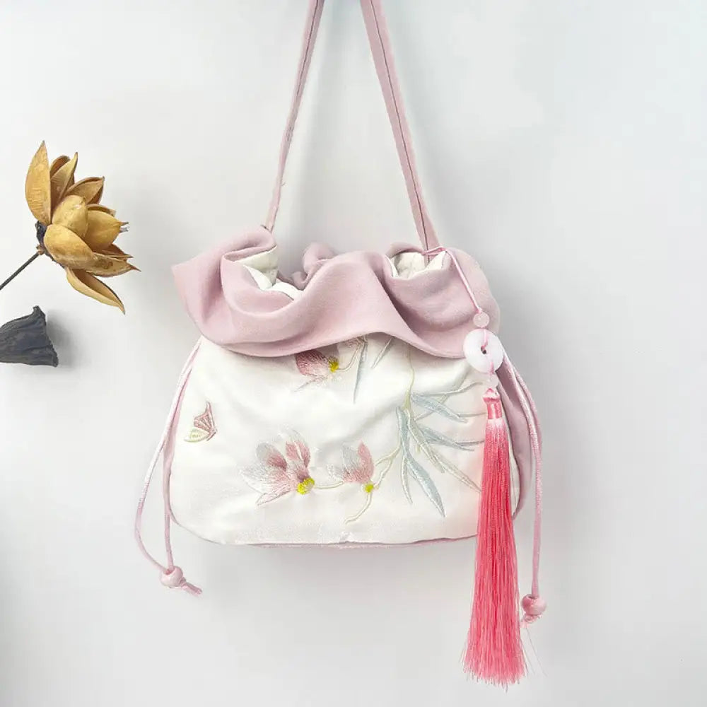 Buddha Stones Suzhou Embroidery Camellia Magnolia Peony Lotus Silk Tote Crossbody Bag Shoulder Bag Handbag - Light Pink