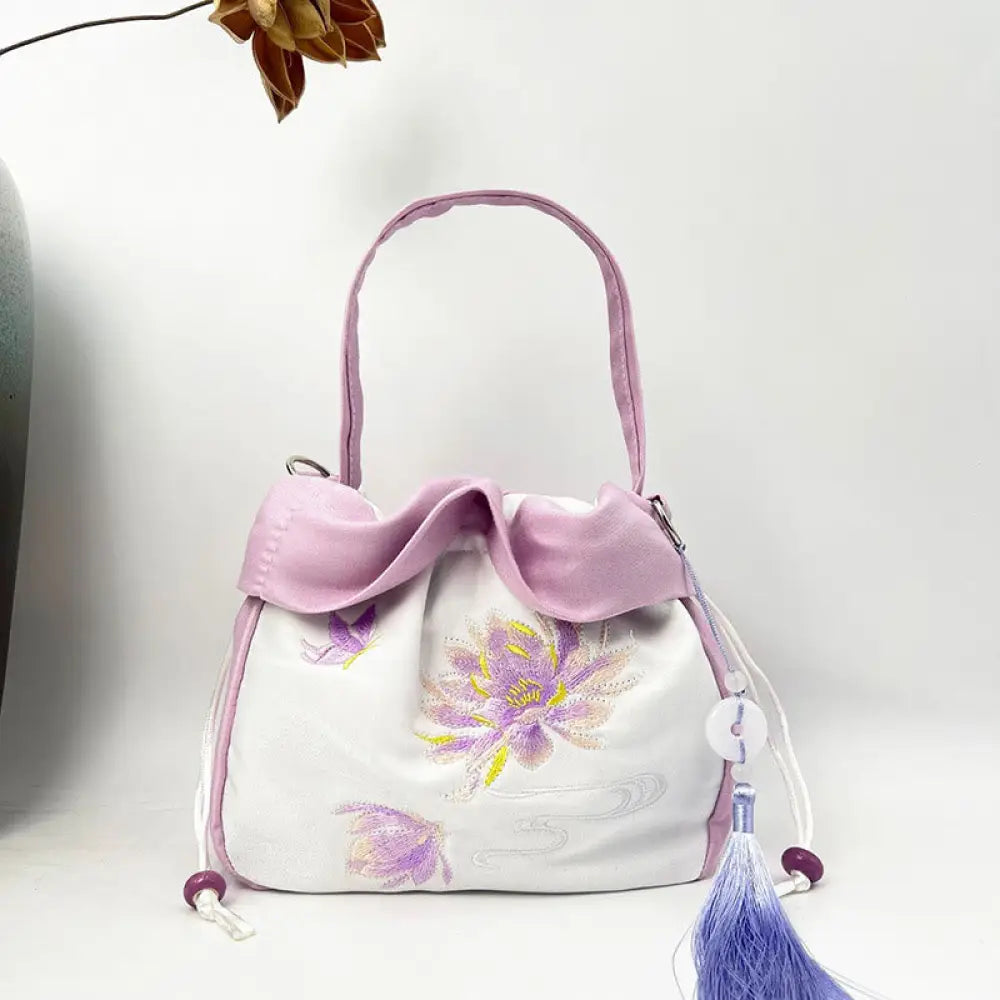 Buddha Stones Suzhou Embroidery Camellia Magnolia Peony Lotus Silk Tote Crossbody Bag Shoulder Bag Handbag - Light