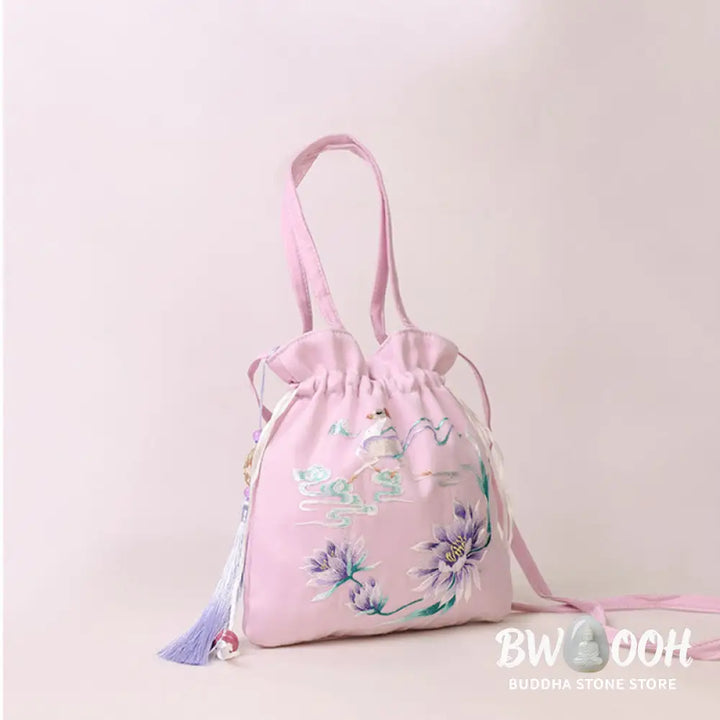 Buddha Stones Suzhou Embroidery Lotus Deer Epiphyllum Peony Rabbit Cotton Linen Tote Crossbody Bag Shoulder Bag Handbag