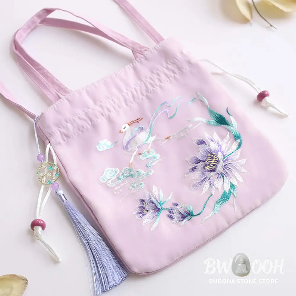 Buddha Stones Suzhou Embroidery Lotus Deer Epiphyllum Peony Rabbit Cotton Linen Tote Crossbody Bag Shoulder Bag Handbag