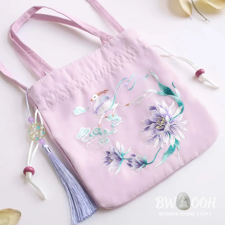 Buddha Stones Suzhou Embroidery Lotus Deer Epiphyllum Peony Rabbit Cotton Linen Tote Crossbody Bag Shoulder Bag Handbag