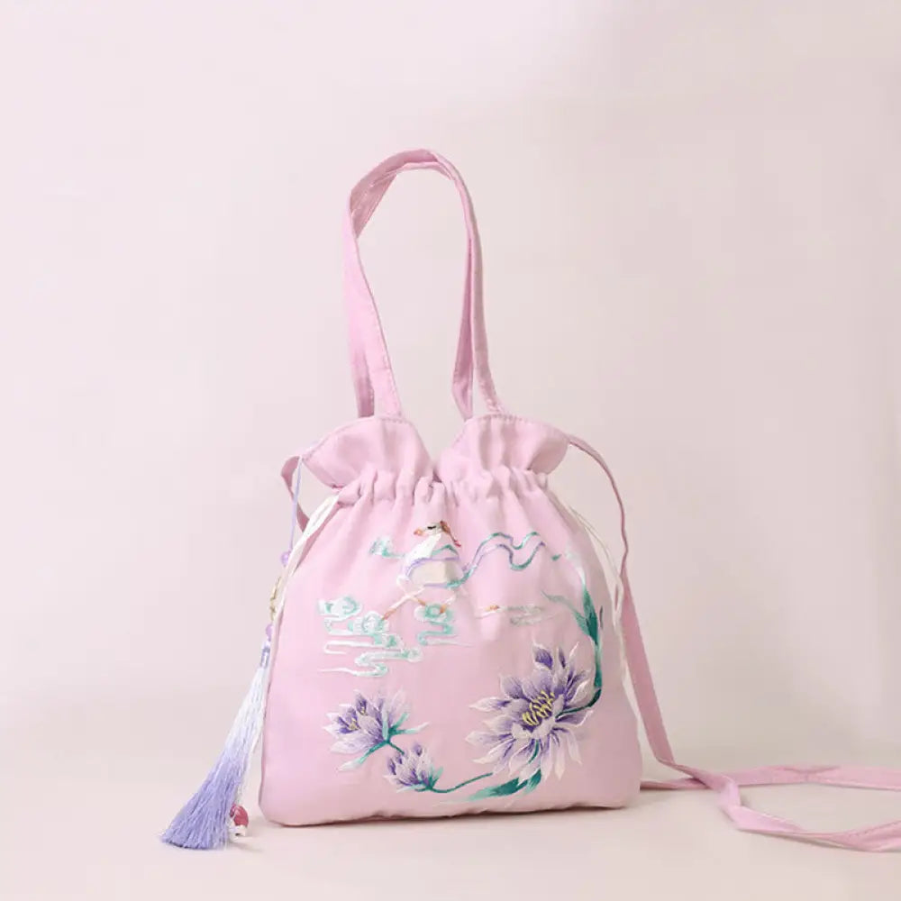 Buddha Stones Suzhou Embroidery Lotus Deer Epiphyllum Peony Rabbit Cotton Linen Tote Crossbody Bag Shoulder Bag Handbag