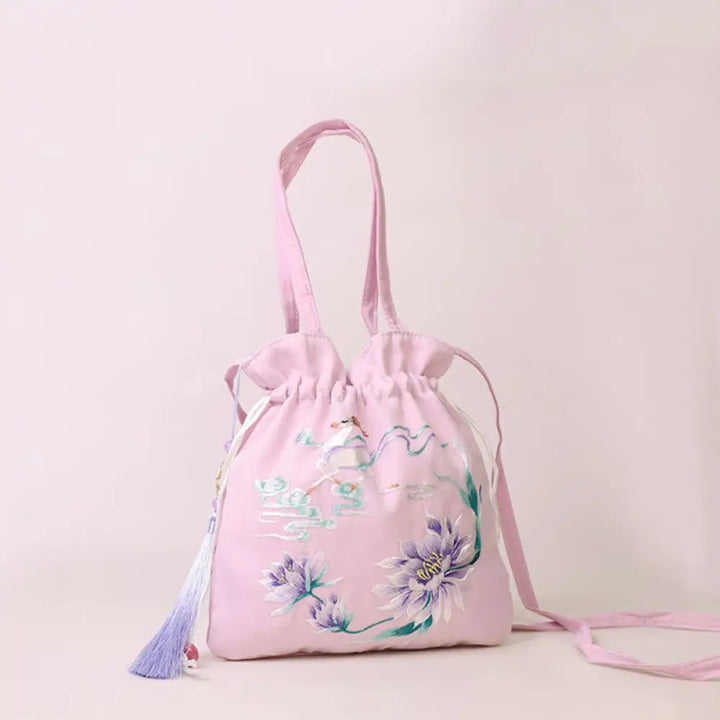 Buddha Stones Suzhou Embroidery Lotus Deer Epiphyllum Peony Rabbit Cotton Linen Tote Crossbody Bag Shoulder Bag Handbag