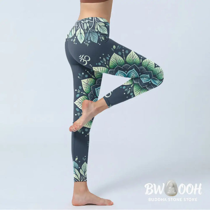 BWOOOH printed yoga leggings - Symmetrical Om Symbol Flower Pattern Pri