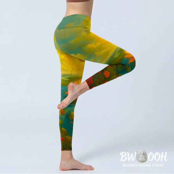Buddha Stones Symmetrical Om Symbol Lotus Flower Small Flower Tree Cloud Pattern Print Gym Leggings Women&