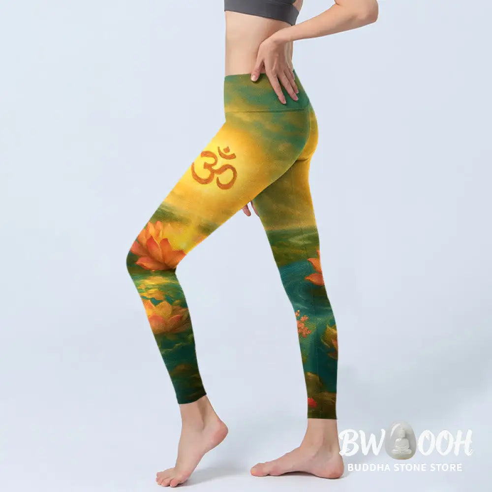 Buddha Stones Symmetrical Om Symbol Lotus Flower Small Flower Tree Cloud Pattern Print Gym Leggings Women&