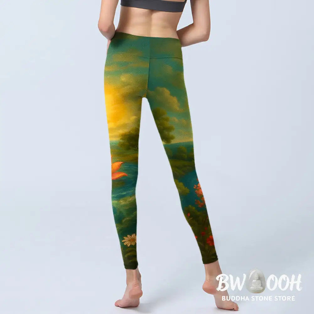 Buddha Stones Symmetrical Om Symbol Lotus Flower Small Flower Tree Cloud Pattern Print Gym Leggings Women&