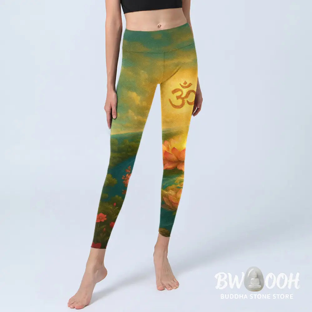 Buddha Stones Symmetrical Om Symbol Lotus Flower Small Flower Tree Cloud Pattern Print Gym Leggings Women&