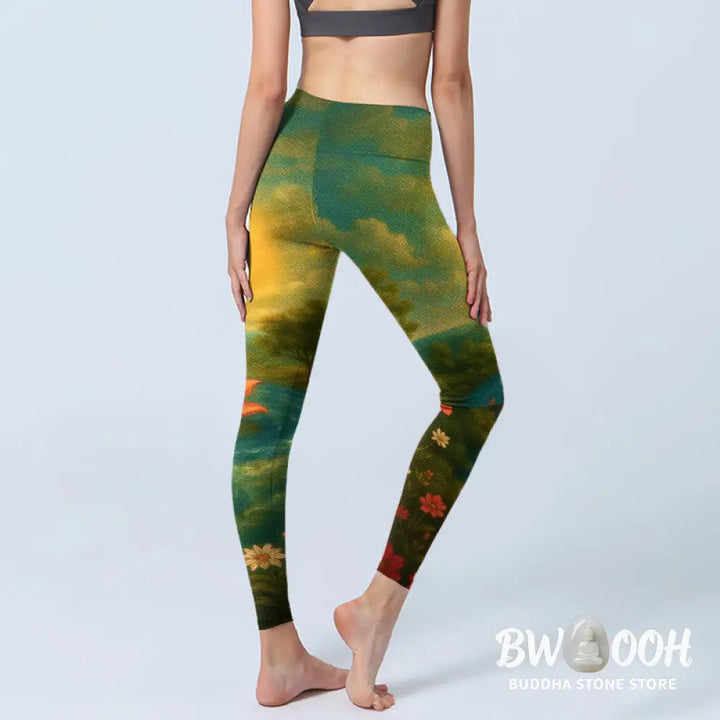 Buddha Stones Symmetrical Om Symbol Lotus Flower Small Flower Tree Cloud Pattern Print Gym Leggings Women&