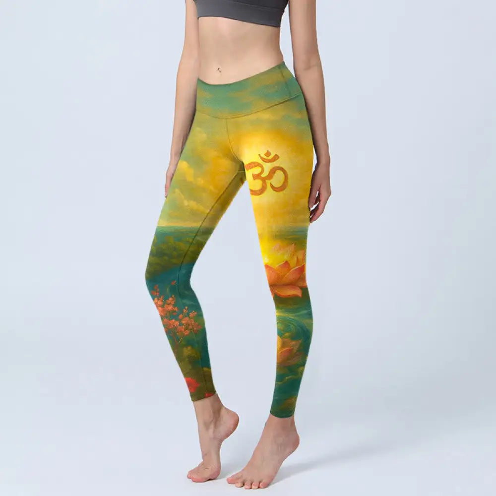 BWOOOH lotus print yoga leggings - Symmetrical Om Symbol Lotus Flower Small