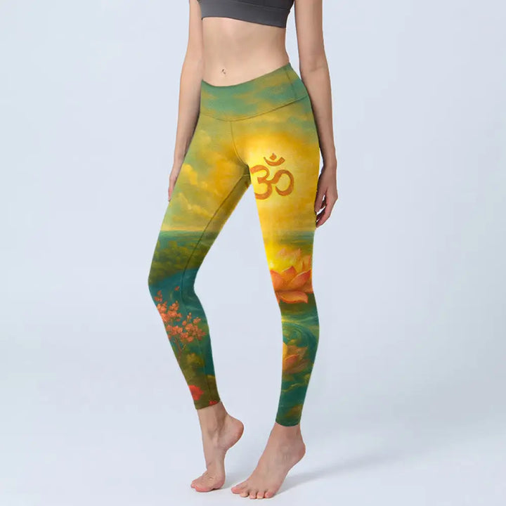 BWOOOH lotus print yoga leggings - Symmetrical Om Symbol Lotus Flower Small