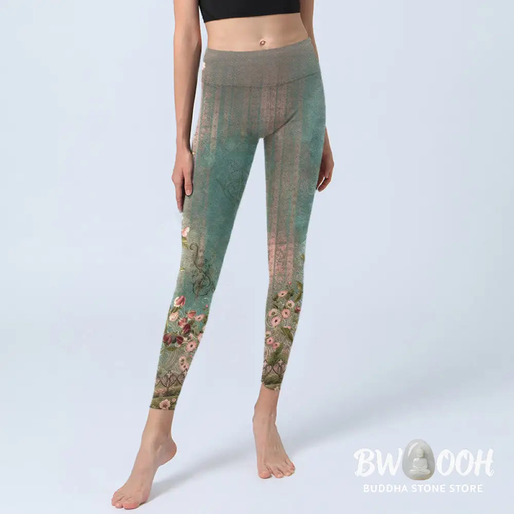 Buddha Stones Symmetrical Retro Flower Leaf Vine Fence Pattern Print Gym Leggings Women&