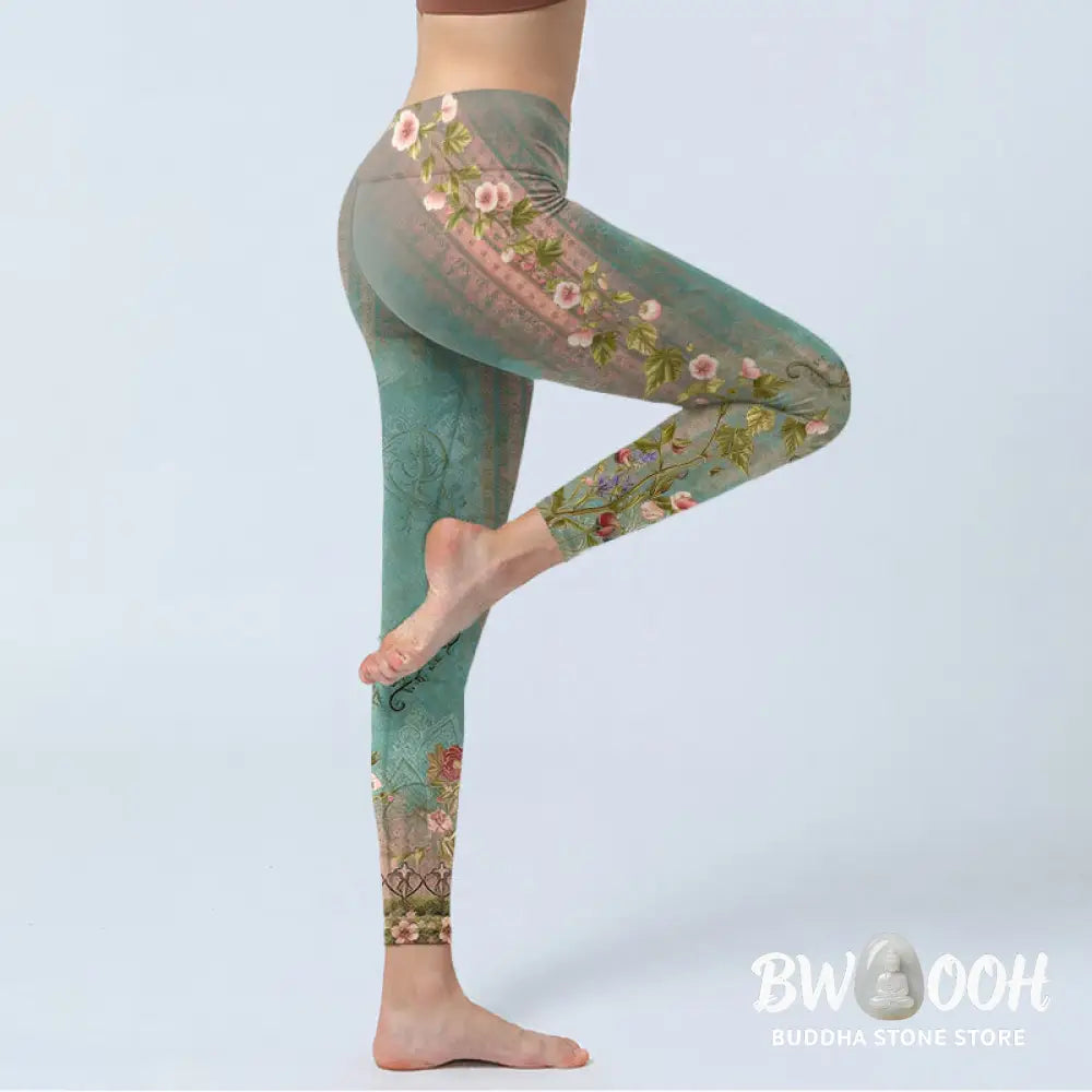 Buddha Stones Symmetrical Retro Flower Leaf Vine Fence Pattern Print Gym Leggings Women&