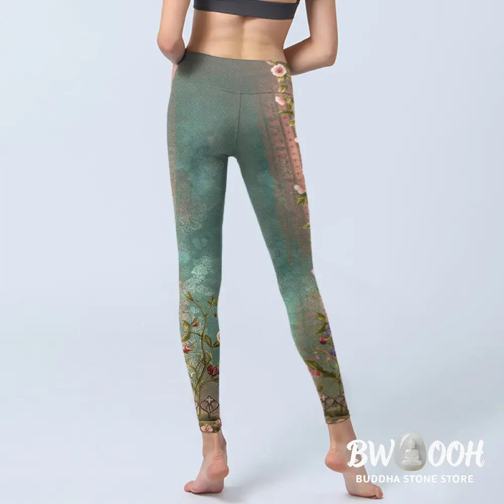 Buddha Stones Symmetrical Retro Flower Leaf Vine Fence Pattern Print Gym Leggings Women&