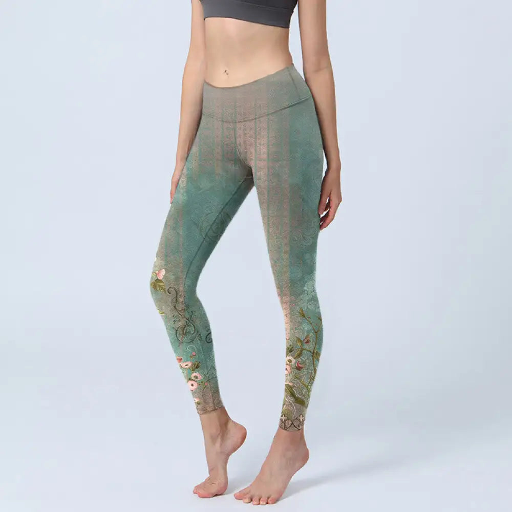 BWOOOH printed yoga leggings - Symmetrical Retro Flower Leaf Vine Fence