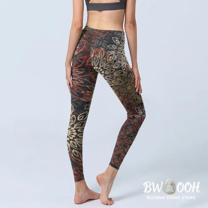 Buddha Stones Symmetrical Retro Flower Pattern Print Gym Leggings Women&