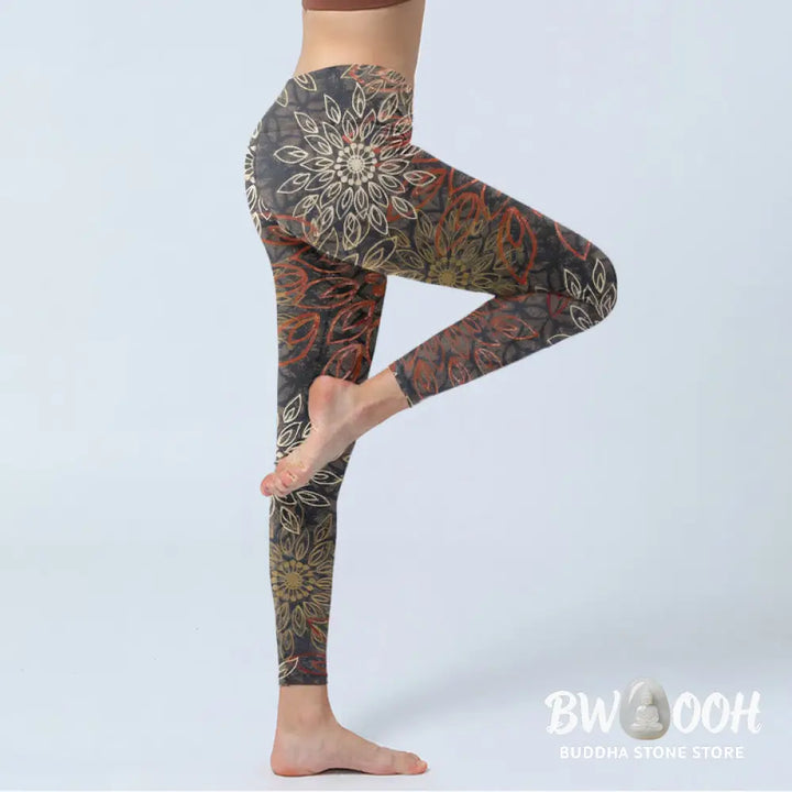 Buddha Stones Symmetrical Retro Flower Pattern Print Gym Leggings Women&