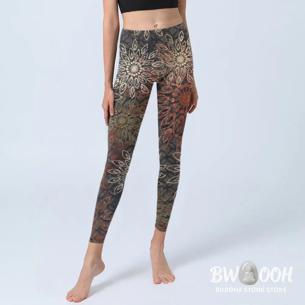 Buddha Stones Symmetrical Retro Flower Pattern Print Gym Leggings Women&