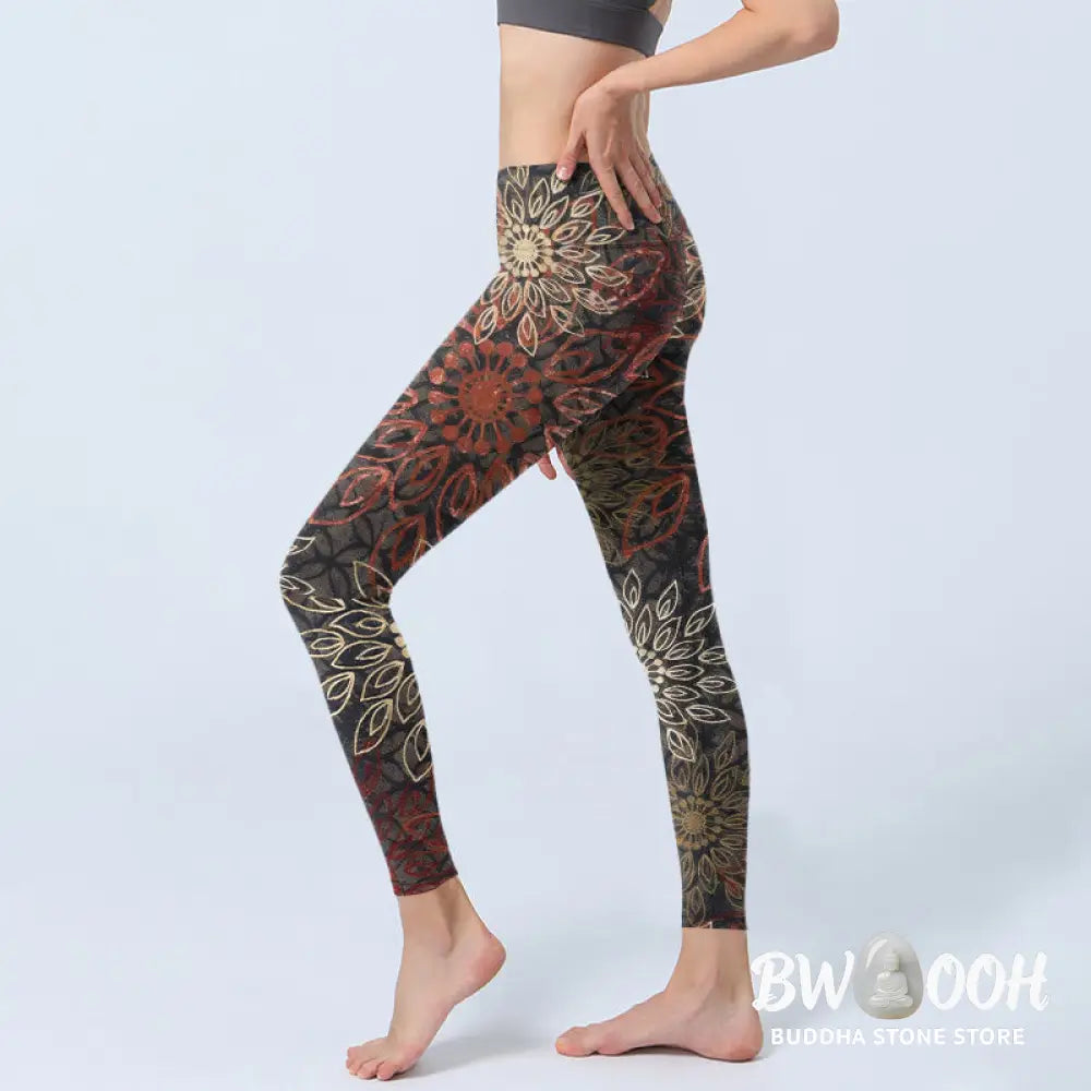 Buddha Stones Symmetrical Retro Flower Pattern Print Gym Leggings Women&