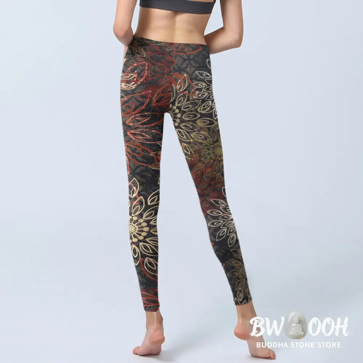 Buddha Stones Symmetrical Retro Flower Pattern Print Gym Leggings Women&