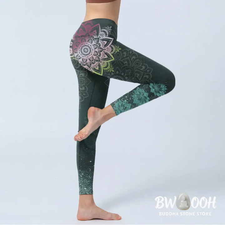 BWOOOH lotus print yoga leggings - Symmetry Mandalas Lotus Flowers Pattern 