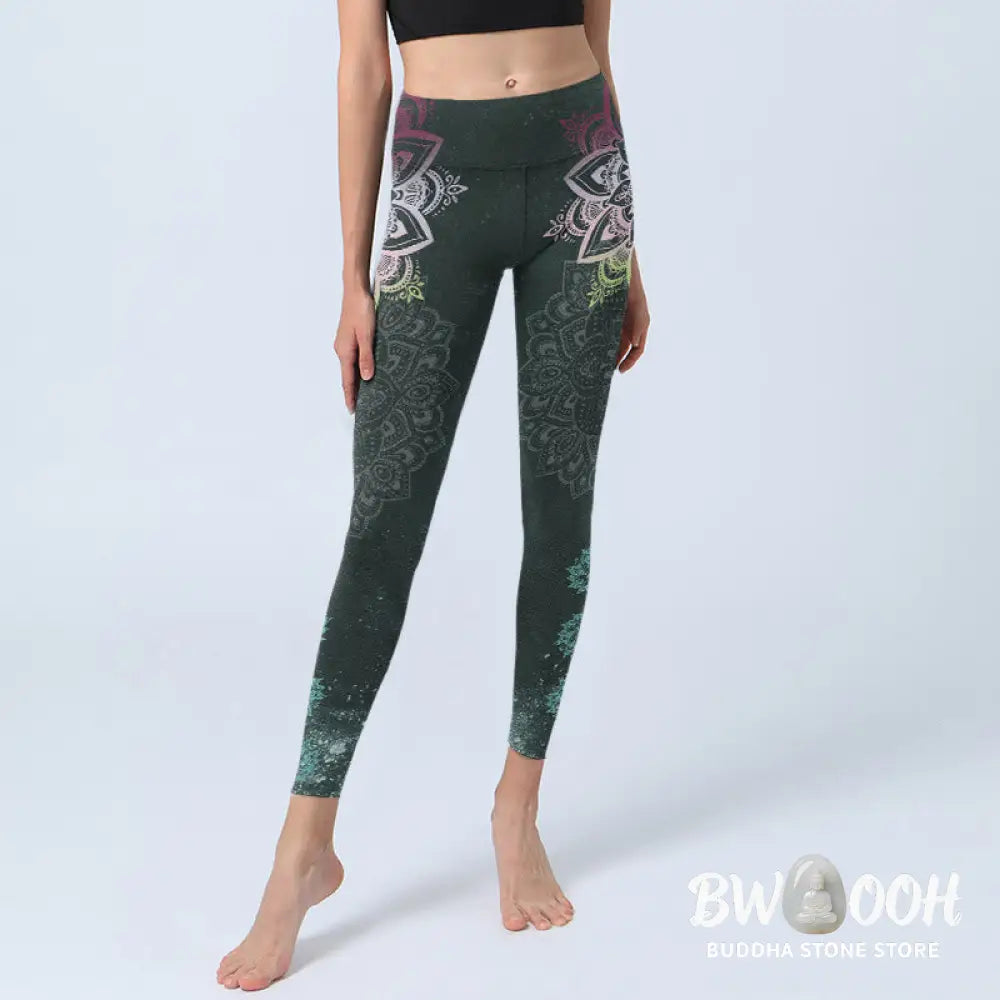BWOOOH lotus print yoga leggings - Symmetry Mandalas Lotus Flowers Pattern 