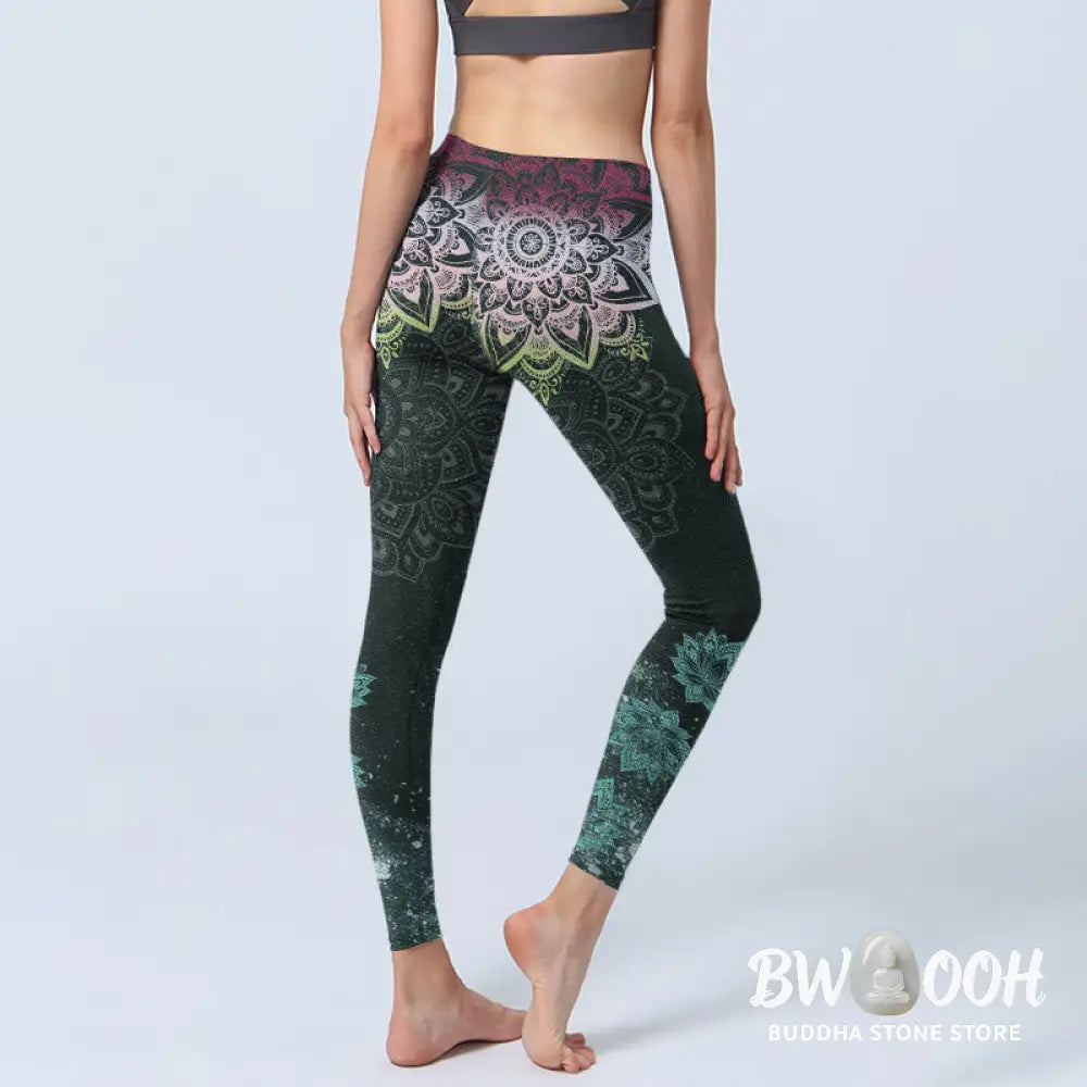 BWOOOH lotus print yoga leggings - Symmetry Mandalas Lotus Flowers Pattern 