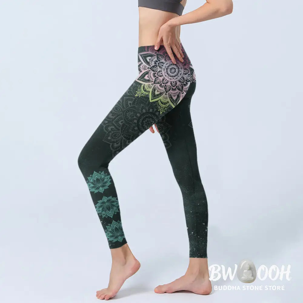 BWOOOH lotus print yoga leggings - Symmetry Mandalas Lotus Flowers Pattern 
