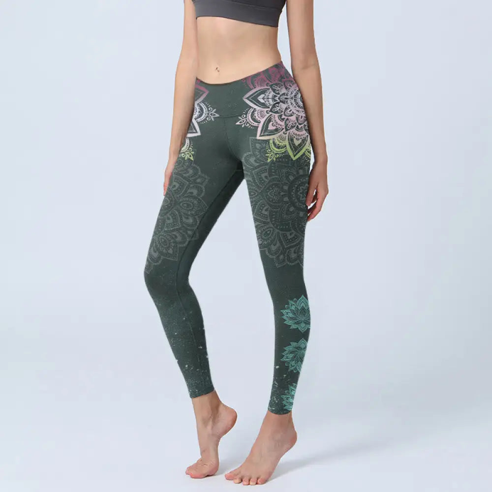BWOOOH lotus print yoga leggings - Symmetry Mandalas Lotus Flowers Pattern 