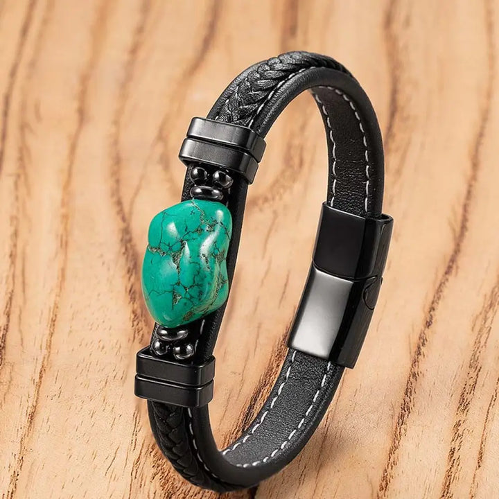 Buddha Stones Synthetic Turquoise Braided Leather Bold Bracelet - Green Leather / 17cm - Bracelet