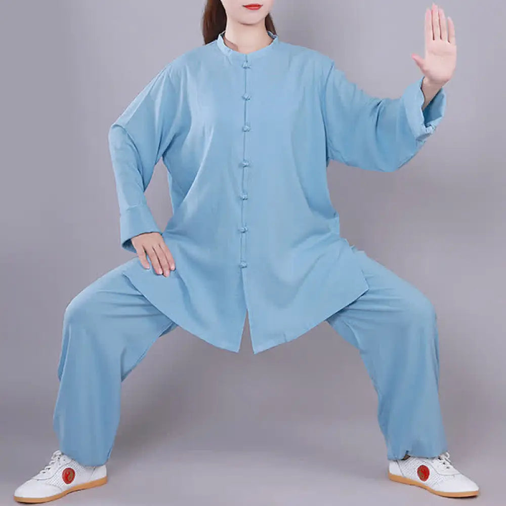 Buddha Stones Tai Chi Qigong Meditation Prayer Spiritual Zen Practice Unisex Cotton Linen Clothing Set - Blue / Long