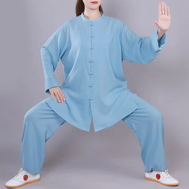 Buddha Stones Tai Chi Qigong Meditation Prayer Spiritual Zen Practice Unisex Cotton Linen Clothing Set - Blue / Long
