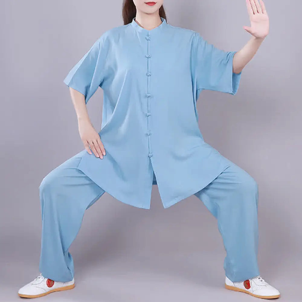 Buddha Stones Tai Chi Qigong Meditation Prayer Spiritual Zen Practice Unisex Cotton Linen Clothing Set - Blue / Short
