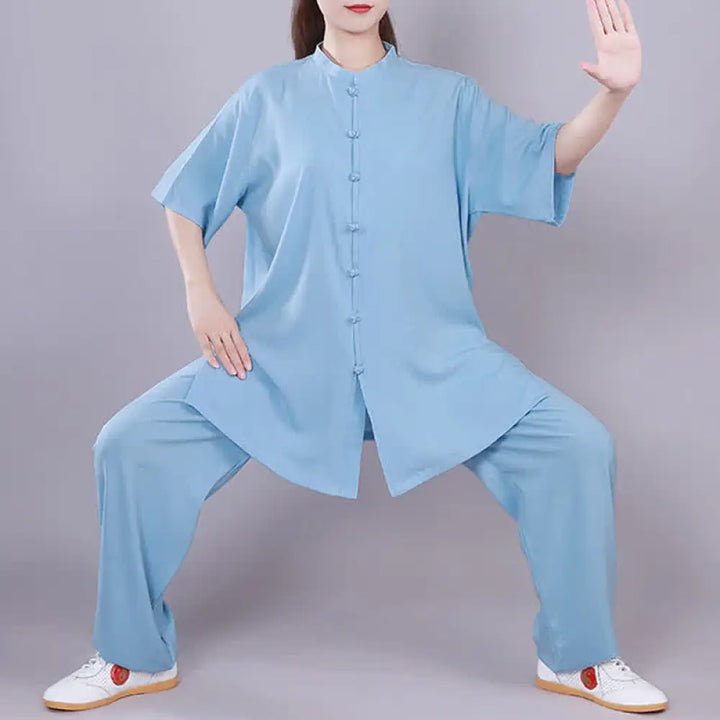 Buddha Stones Tai Chi Qigong Meditation Prayer Spiritual Zen Practice Unisex Cotton Linen Clothing Set - Blue / Short