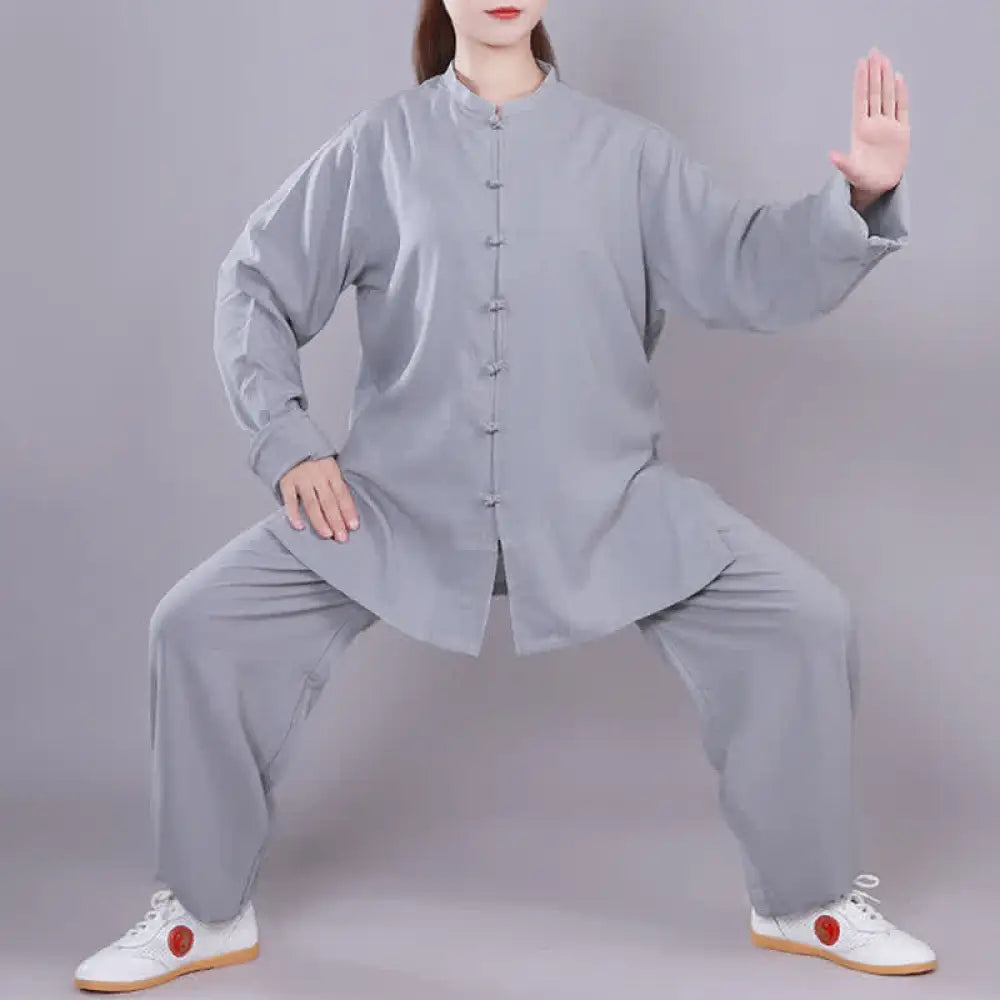 Buddha Stones Tai Chi Qigong Meditation Prayer Spiritual Zen Practice Unisex Cotton Linen Clothing Set - Gray / Long
