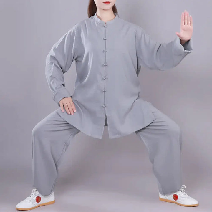 Buddha Stones Tai Chi Qigong Meditation Prayer Spiritual Zen Practice Unisex Cotton Linen Clothing Set - Gray / Long